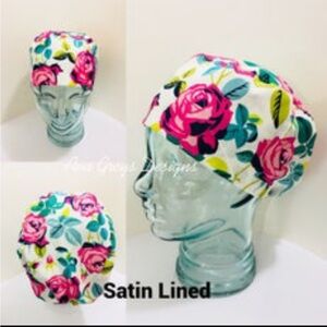 🩺 Lot of 4 Women’s Floral Satin Lined Euro Style Scrub Caps